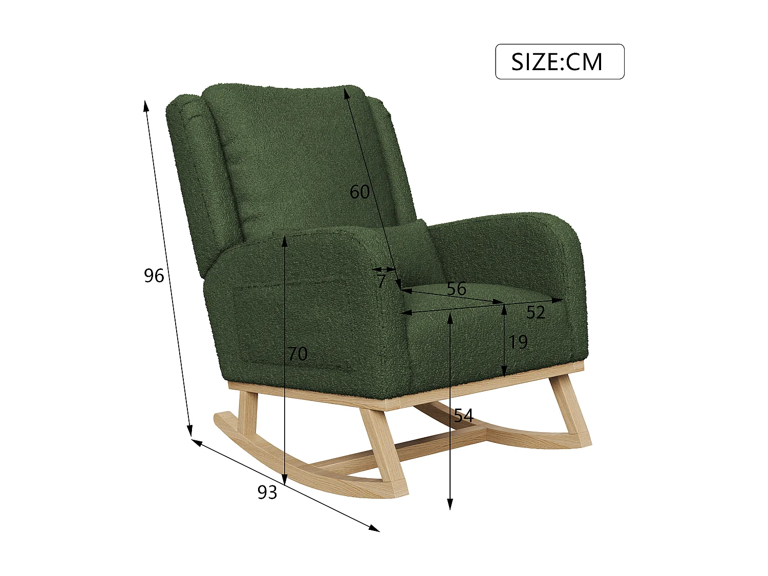 Fauteuil à bascule en Tissu velours Teddy - fauteuil de relaxation - avec coussin et 2 poches latérales - pieds en bois - style scandinave - vert