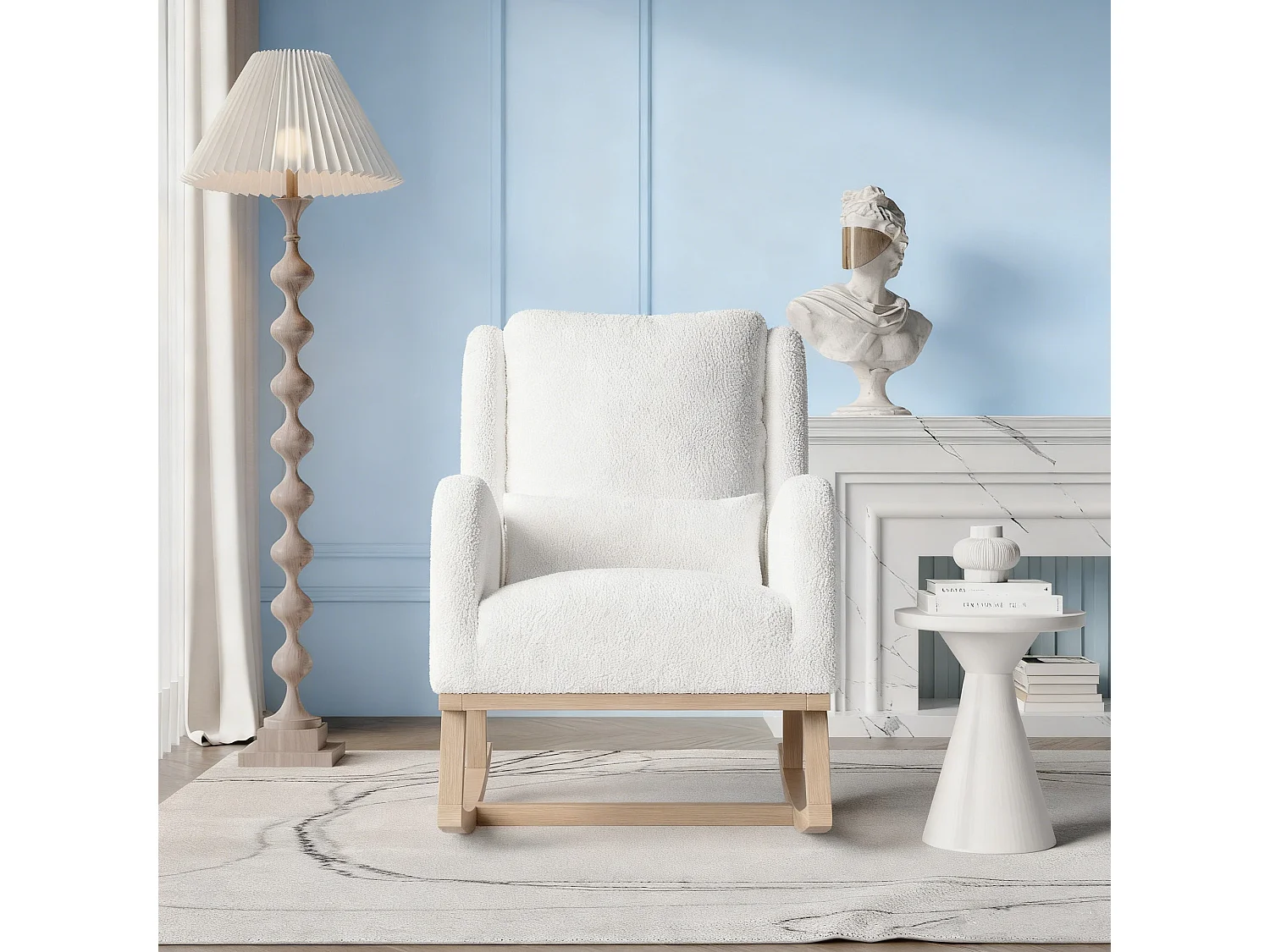 Fauteuil à bascule en Tissu velours Teddy - fauteuil de relaxation - avec 2 poches latérales et pieds en bois - style scandinave - blanc