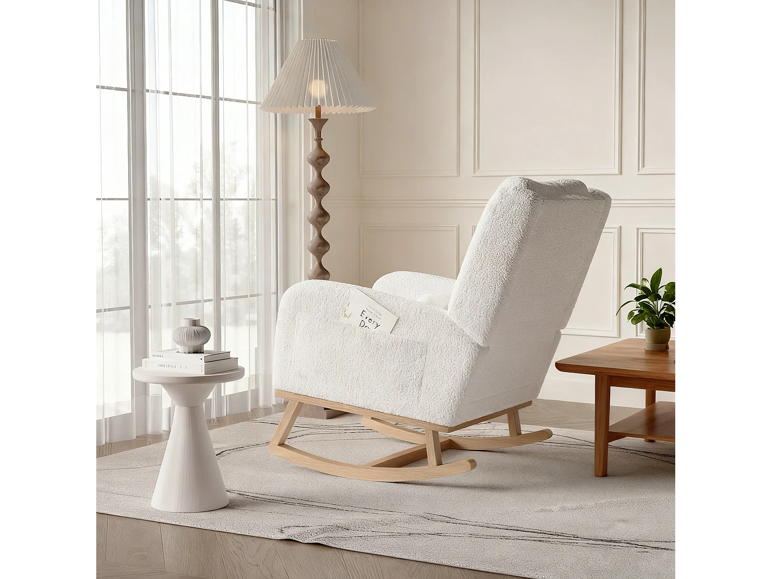 Fauteuil à bascule en Tissu velours Teddy - fauteuil de relaxation - avec 2 poches latérales et pieds en bois - style scandinave - blanc
