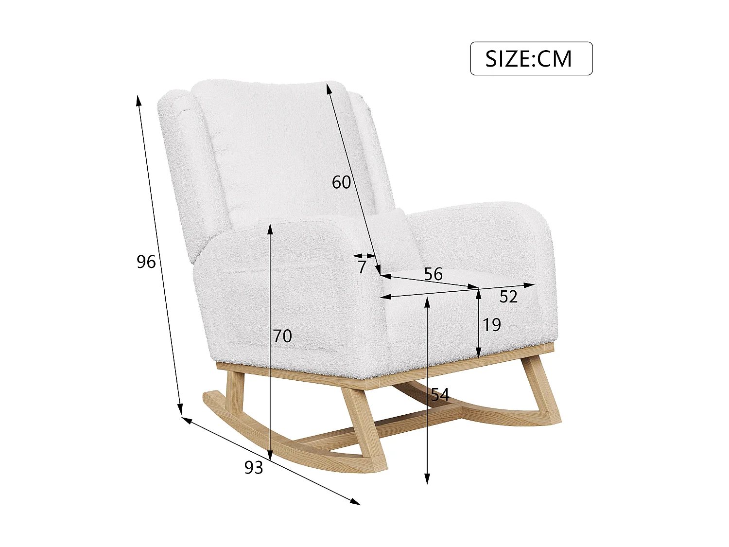 Fauteuil à bascule en Tissu velours Teddy - fauteuil de relaxation - avec 2 poches latérales et pieds en bois - style scandinave - blanc
