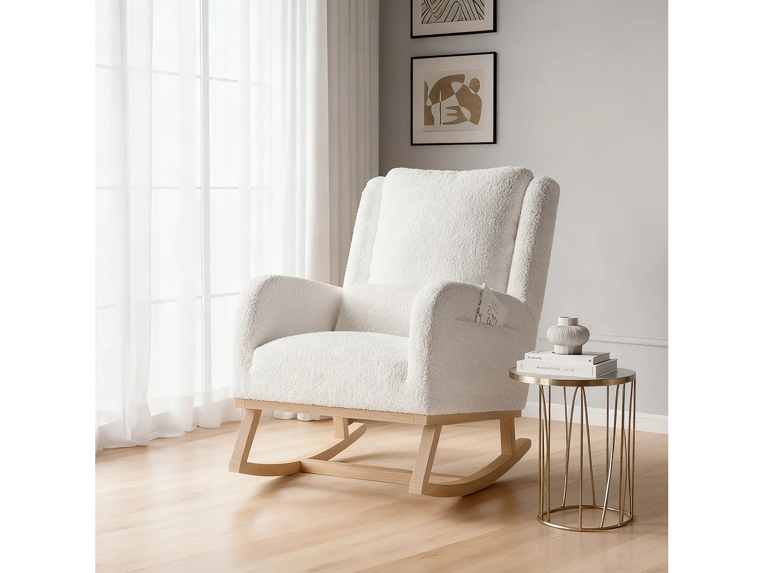 Fauteuil à bascule en Tissu velours Teddy - fauteuil de relaxation - avec coussin et 2 poches latérales - pieds en bois - style scandinave - blanc