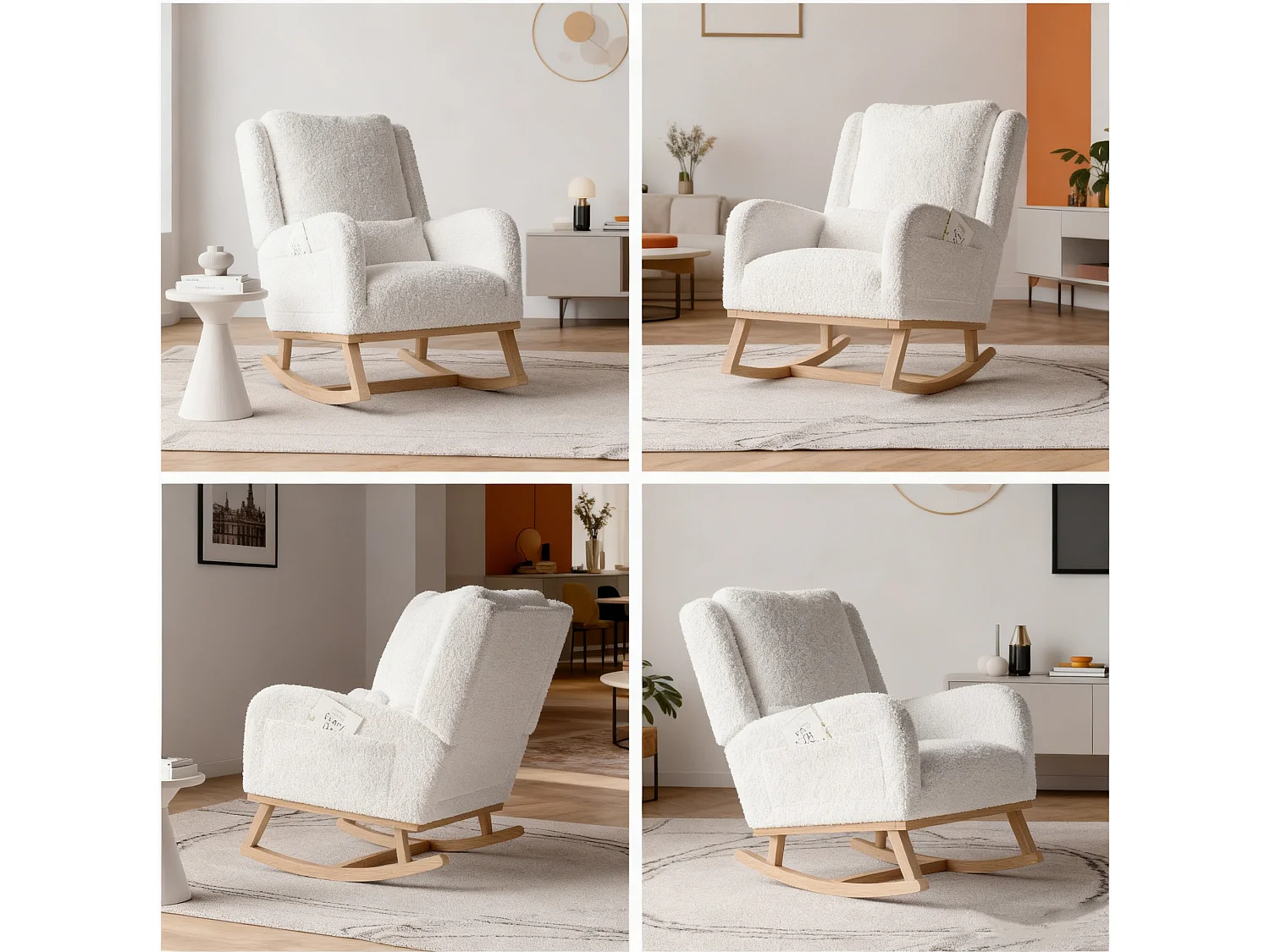 Fauteuil à bascule en Tissu velours Teddy - fauteuil de relaxation - avec coussin et 2 poches latérales - pieds en bois - style scandinave - blanc