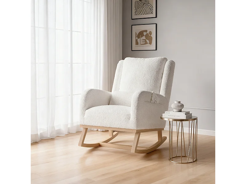 Fauteuil à bascule en Tissu velours Teddy - fauteuil de relaxation - avec coussin et 2 poches latérales - pieds en bois - style scandinave - blanc