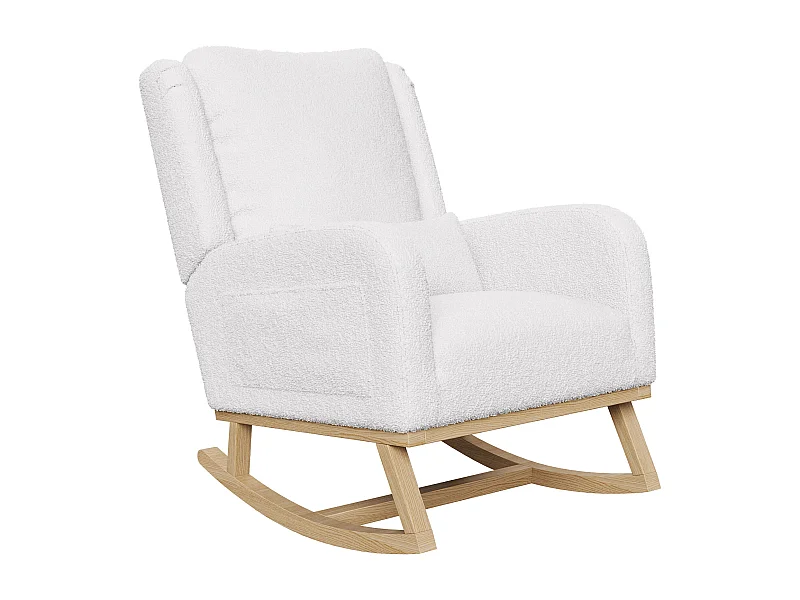 Fauteuil à bascule en Tissu velours Teddy - fauteuil de relaxation - avec coussin et 2 poches latérales - pieds en bois - style scandinave - blanc