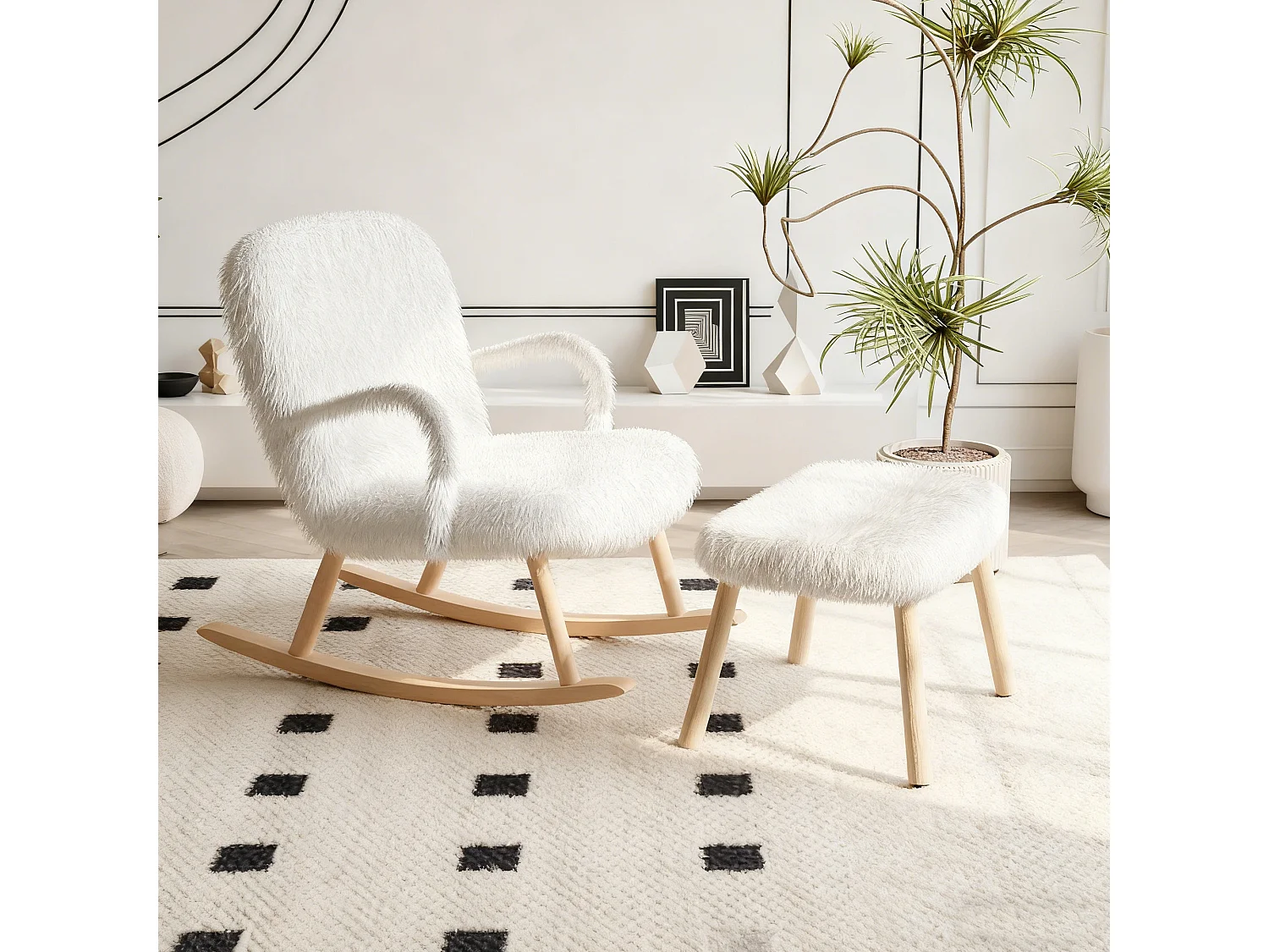 Fauteuil à bascule avec repose-pieds, accoudoirs en velours, Chaise à bascule en assise profonde 58cm, style scandinave, blanc