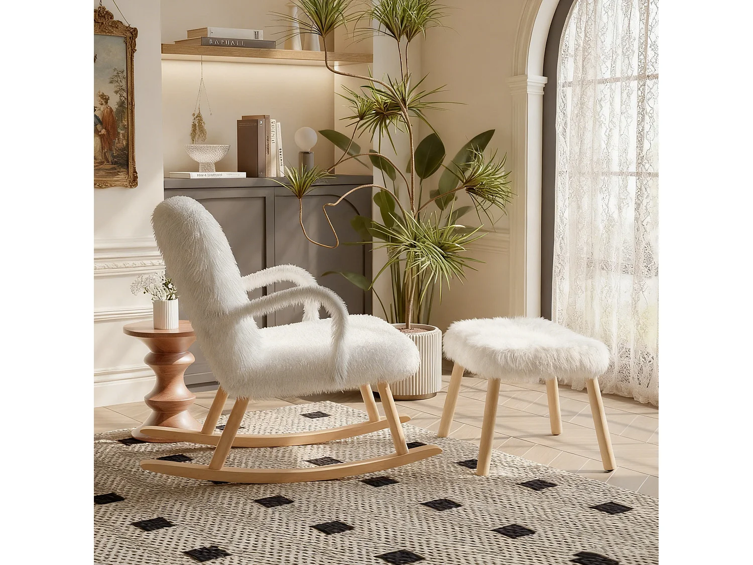 Fauteuil à bascule avec repose-pieds, accoudoirs en velours, Chaise à bascule en assise profonde 58cm, style scandinave, blanc