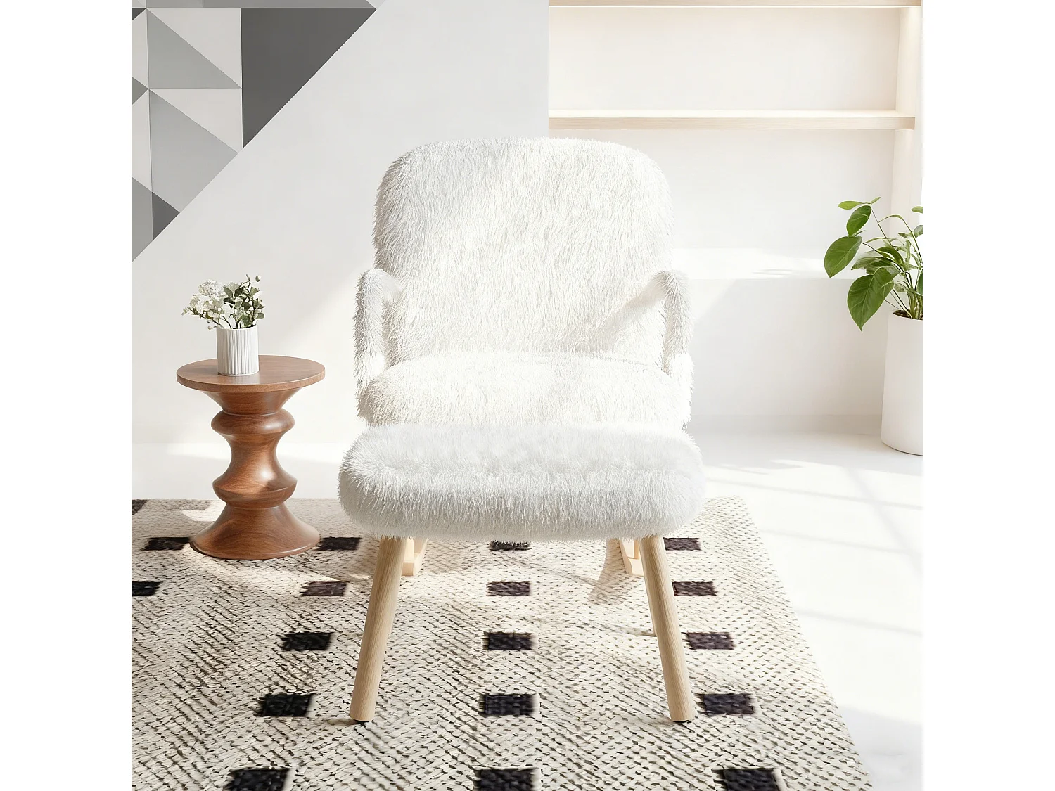 Fauteuil à bascule avec repose-pieds, accoudoirs en velours, Chaise à bascule en assise profonde 58cm, style scandinave, blanc