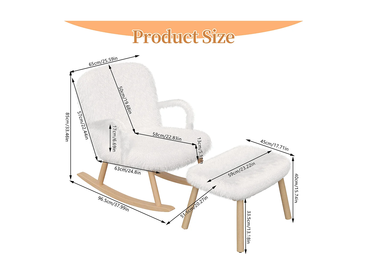 Fauteuil à bascule avec repose-pieds, accoudoirs en velours, Chaise à bascule en assise profonde 58cm, style scandinave, blanc