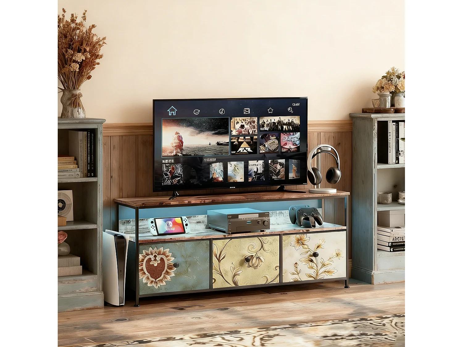 Meuble TV 3 tiroirs en tissu imprimé coloré et 2 étagère en grain de bois, buffet avec LED en MDF, cadre en fer, 108 x 29 x 57 cm, marron
