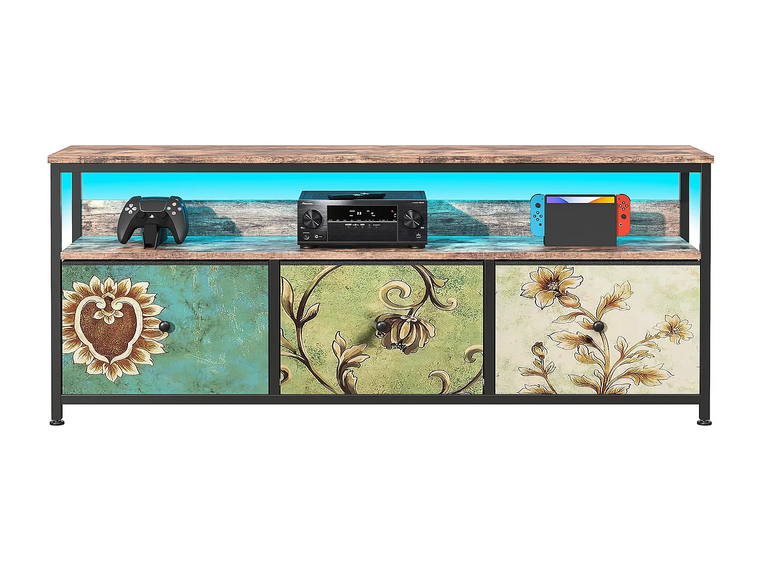 Tv-meubel met 3 lades in kleurrijke bedrukte stof en 2 planken met houtnerfstructuur, dressoir met ledverlichting in MDF, ijzeren frame, 108 x 29 x 57 cm, bruin