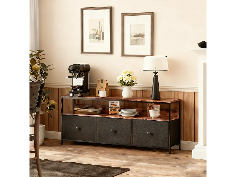 Meuble TV 3 tiroirs en tissu noir et 2 étagère en tissu couleur peau de tigre, Buffet, avec LED en MDF, cadre en fer, 137x 29 x 57 cm, marron