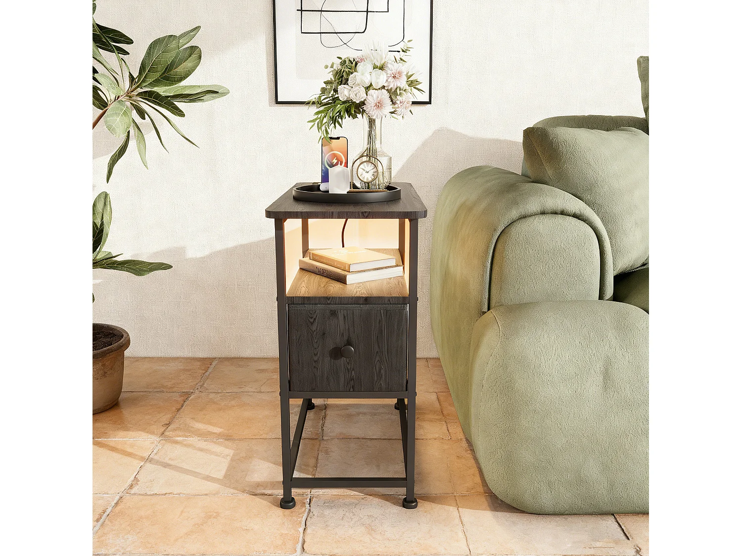 Table d'appoint carrée - table de chevet petite taille - avec Éclairage LED et USB - 1 tiroir et 2 étagères - style moderne - 62x60x30 cm - noir