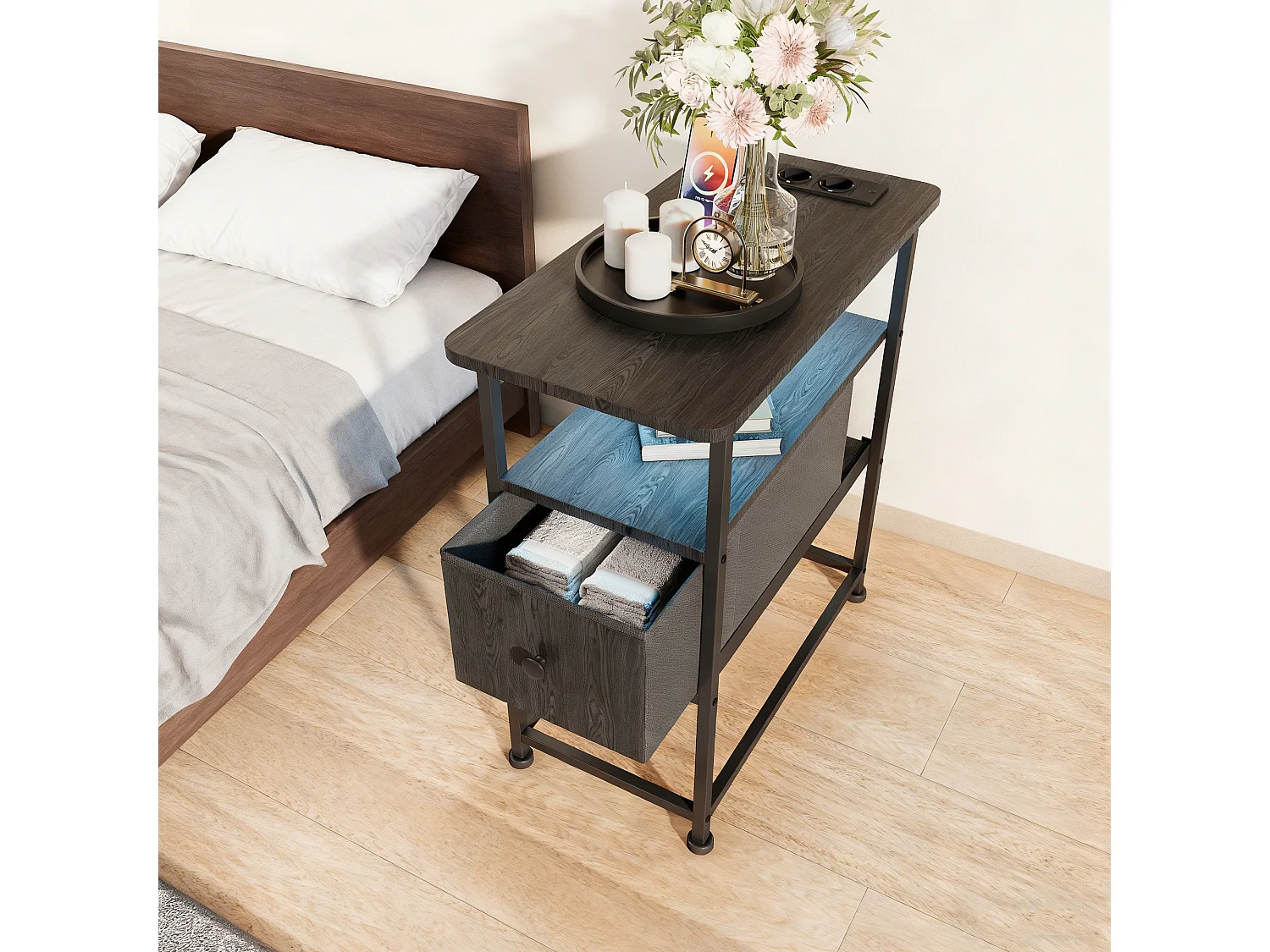 Table d'appoint carrée - table de chevet petite taille - avec Éclairage LED et USB - 1 tiroir et 2 étagères - style moderne - 62x60x30 cm - noir