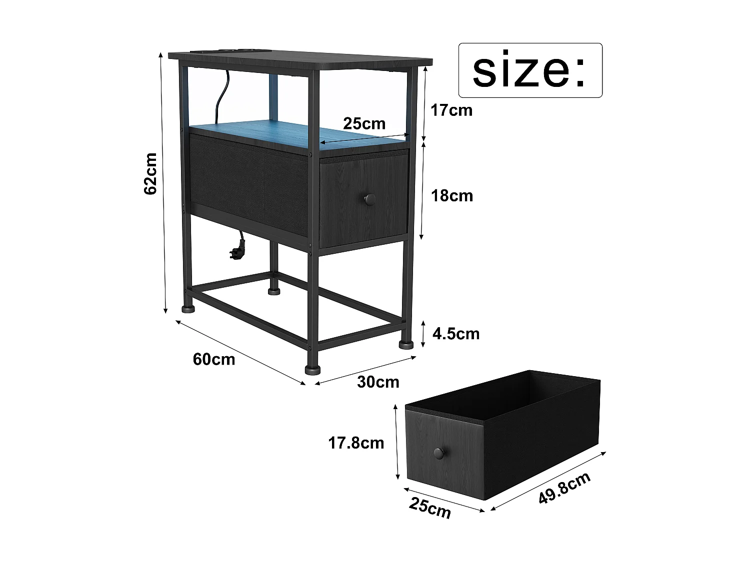 Table d'appoint carrée - table de chevet petite taille - avec Éclairage LED et USB - 1 tiroir et 2 étagères - style moderne - 62x60x30 cm - noir