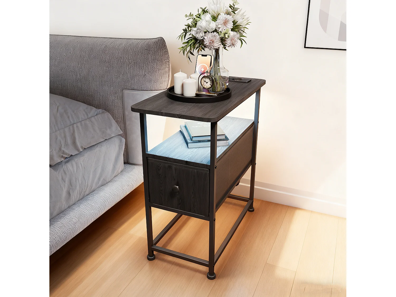 Table d'appoint carrée - table de chevet petite taille - avec Éclairage LED et USB - 1 tiroir et 2 étagères - style moderne - 62x60x30 cm - noir