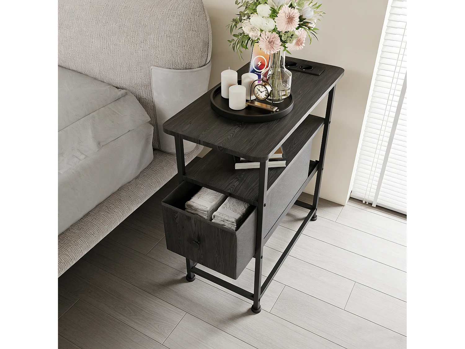 Table d'appoint carrée - table de chevet petite taille -USB - 1 tiroir et 2 étagères - style moderne - 62x60x30 cm - noir