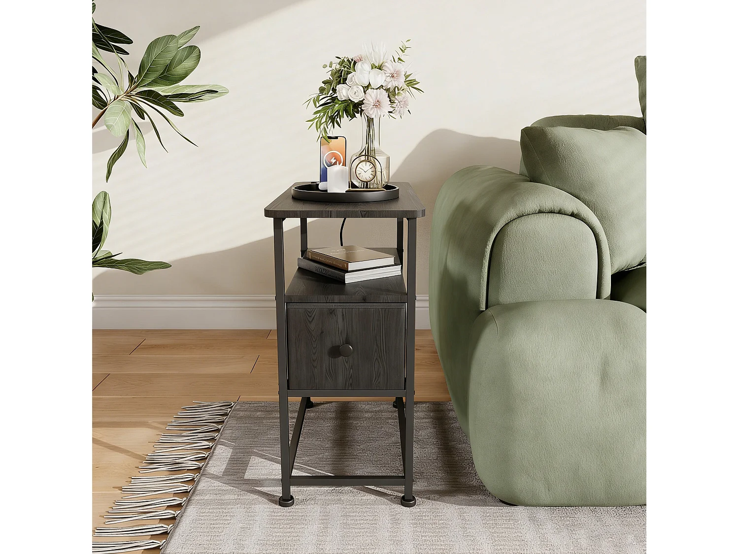 Table d'appoint carrée - table de chevet petite taille -USB - 1 tiroir et 2 étagères - style moderne - 62x60x30 cm - noir