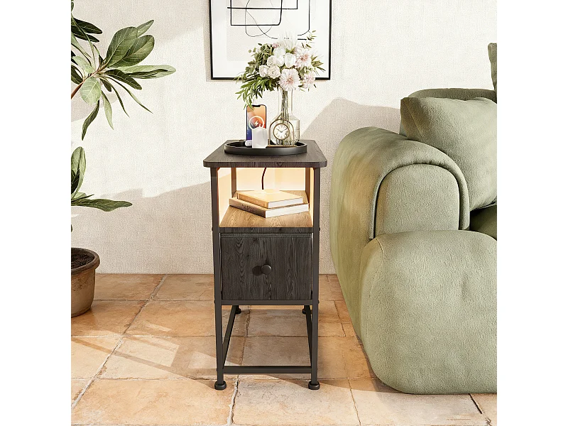 Table d'appoint carrée - table de chevet petite taille - avec Éclairage LED et USB - 1 tiroir et 2 étagères - style moderne - 62x60x30 cm - noir