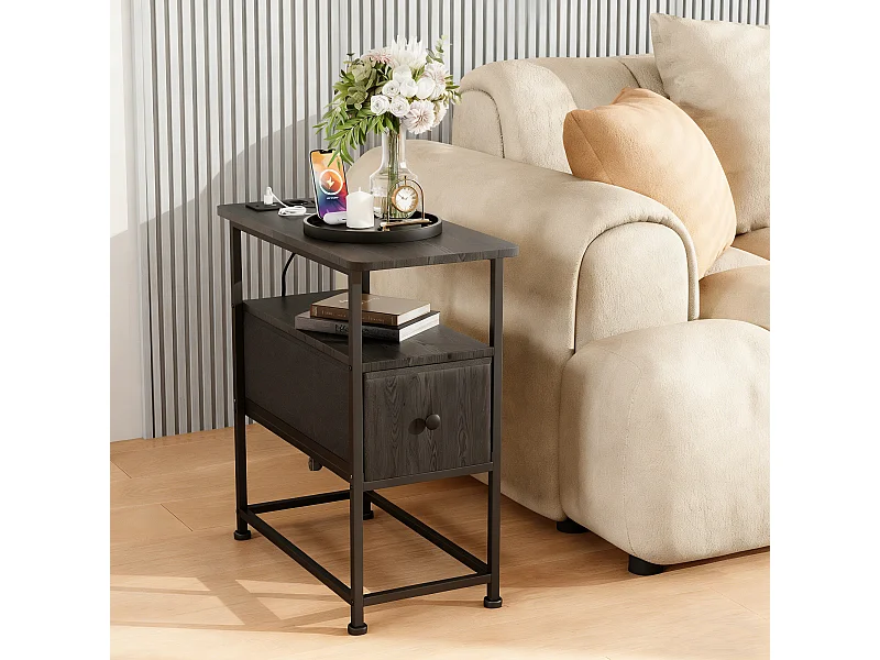 Table d'appoint carrée - table de chevet petite taille -USB - 1 tiroir et 2 étagères - style moderne - 62x60x30 cm - noir