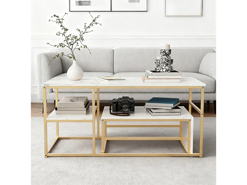 Lot de 2 tables basses gigognes en forme carrée - aspect marbre brillant -  Bois MDF et pieds en métal - Blanc + Doré