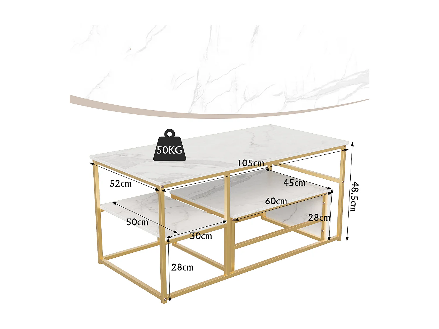 Lot de 2 tables basses gigognes en forme carrée - aspect marbre brillant -  Bois MDF et pieds en métal - Blanc + Doré