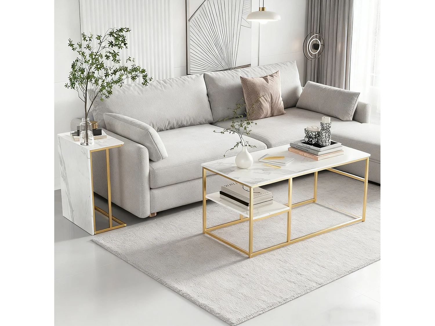 Lot de 2 tables basses gigognes en forme carrée - aspect marbre brillant -  Bois MDF et pieds en métal - Blanc + Doré