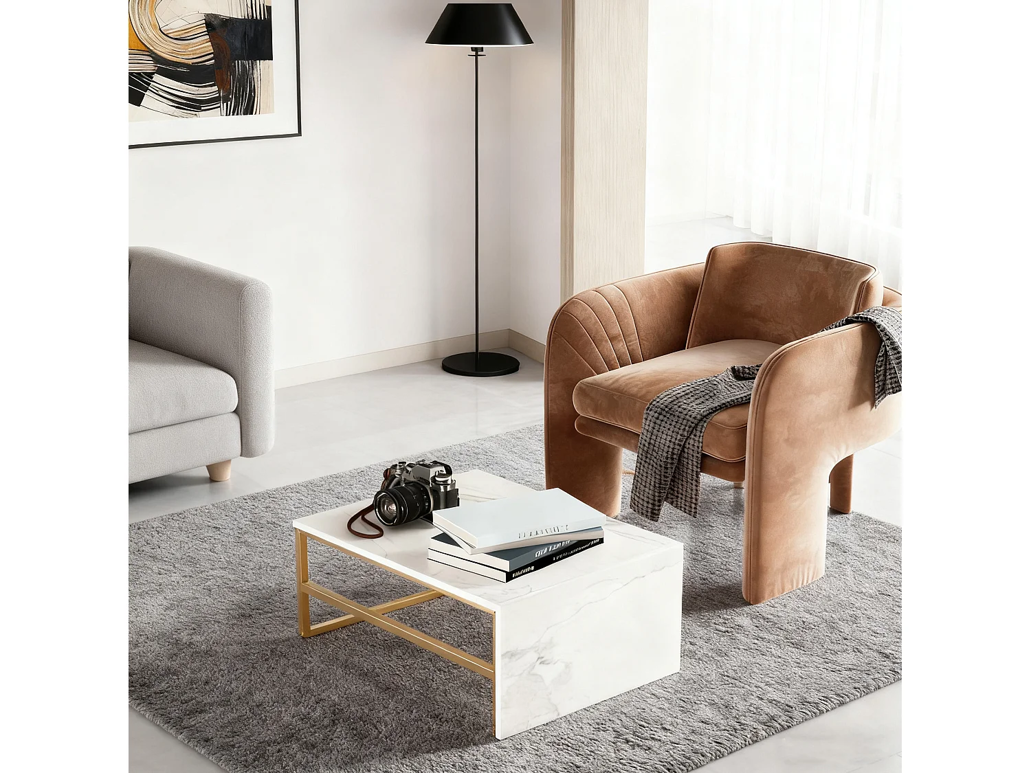 Lot de 2 tables basses gigognes en forme carrée - aspect marbre brillant -  Bois MDF et pieds en métal - Blanc + Doré