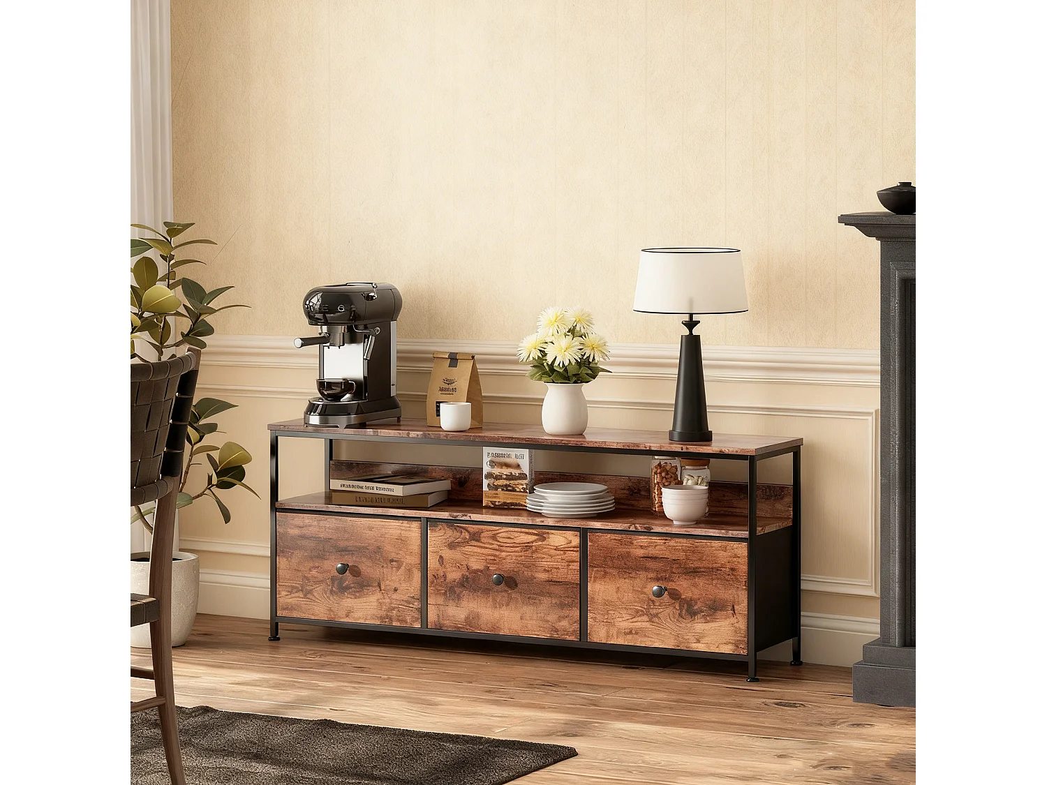 Meuble TV 3 tiroirs et 2 étagère en tissu couleur peau de tigre, buffet avec LED en MDF, cadre en fer, 108 x 29 x 57 cm, marron