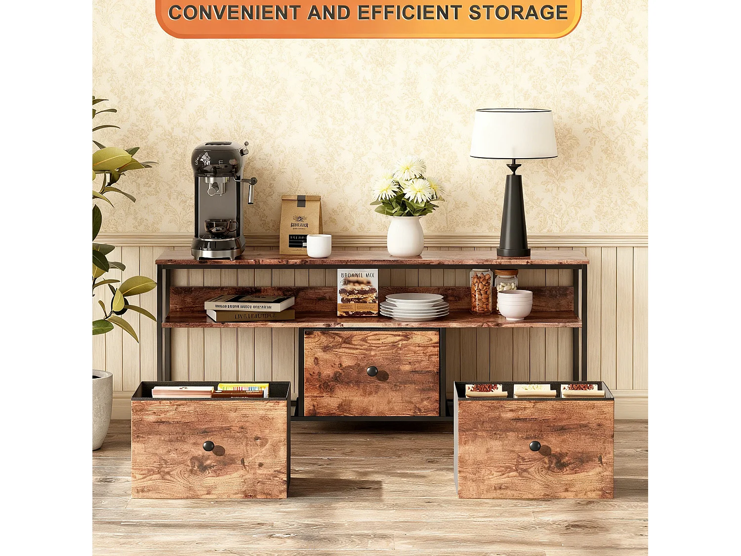 Meuble TV 3 tiroirs et 2 étagère en tissu couleur peau de tigre, buffet avec LED en MDF, cadre en fer, 108 x 29 x 57 cm, marron