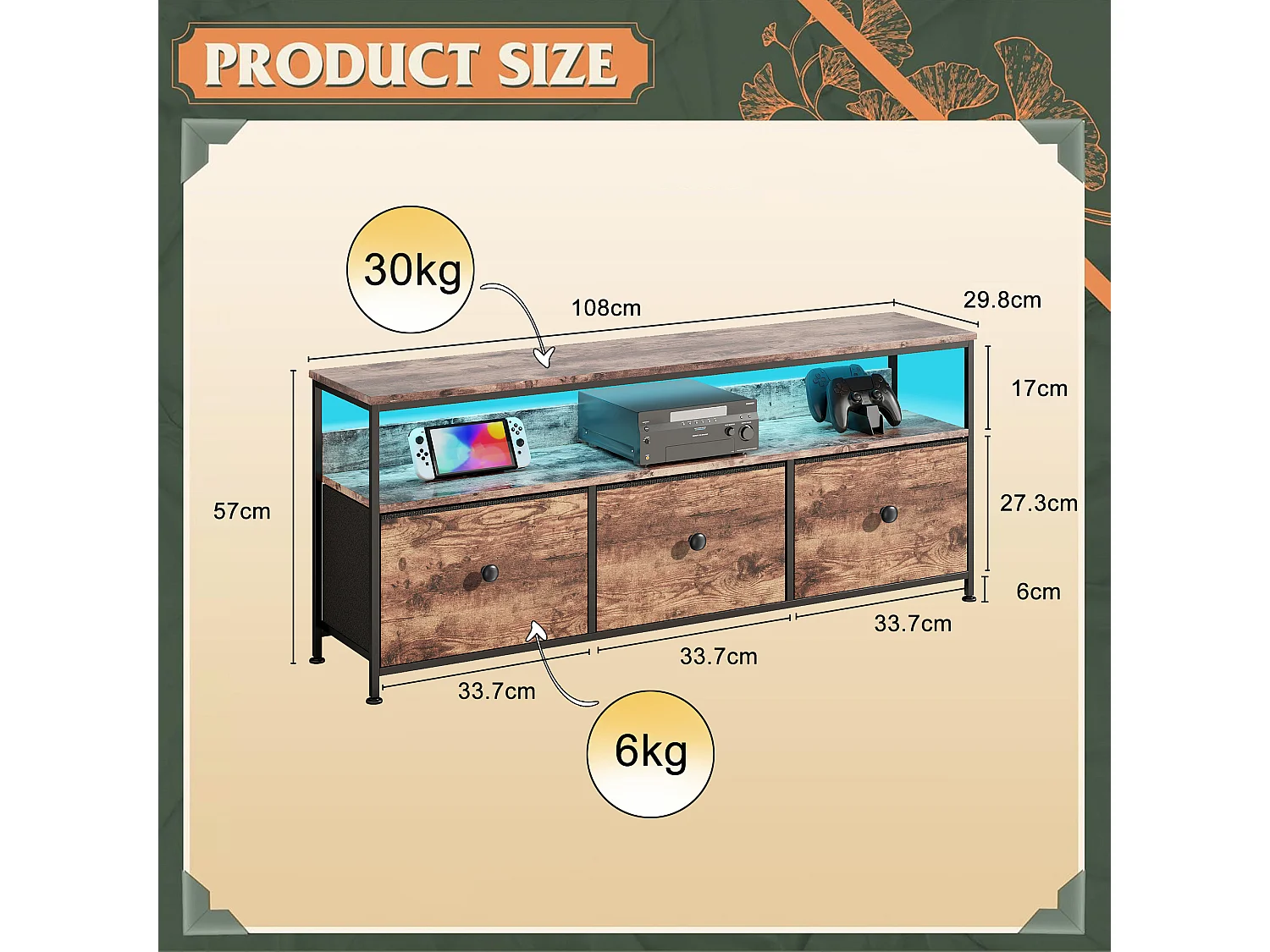 Meuble TV 3 tiroirs et 2 étagère en tissu couleur peau de tigre, buffet avec LED en MDF, cadre en fer, 108 x 29 x 57 cm, marron