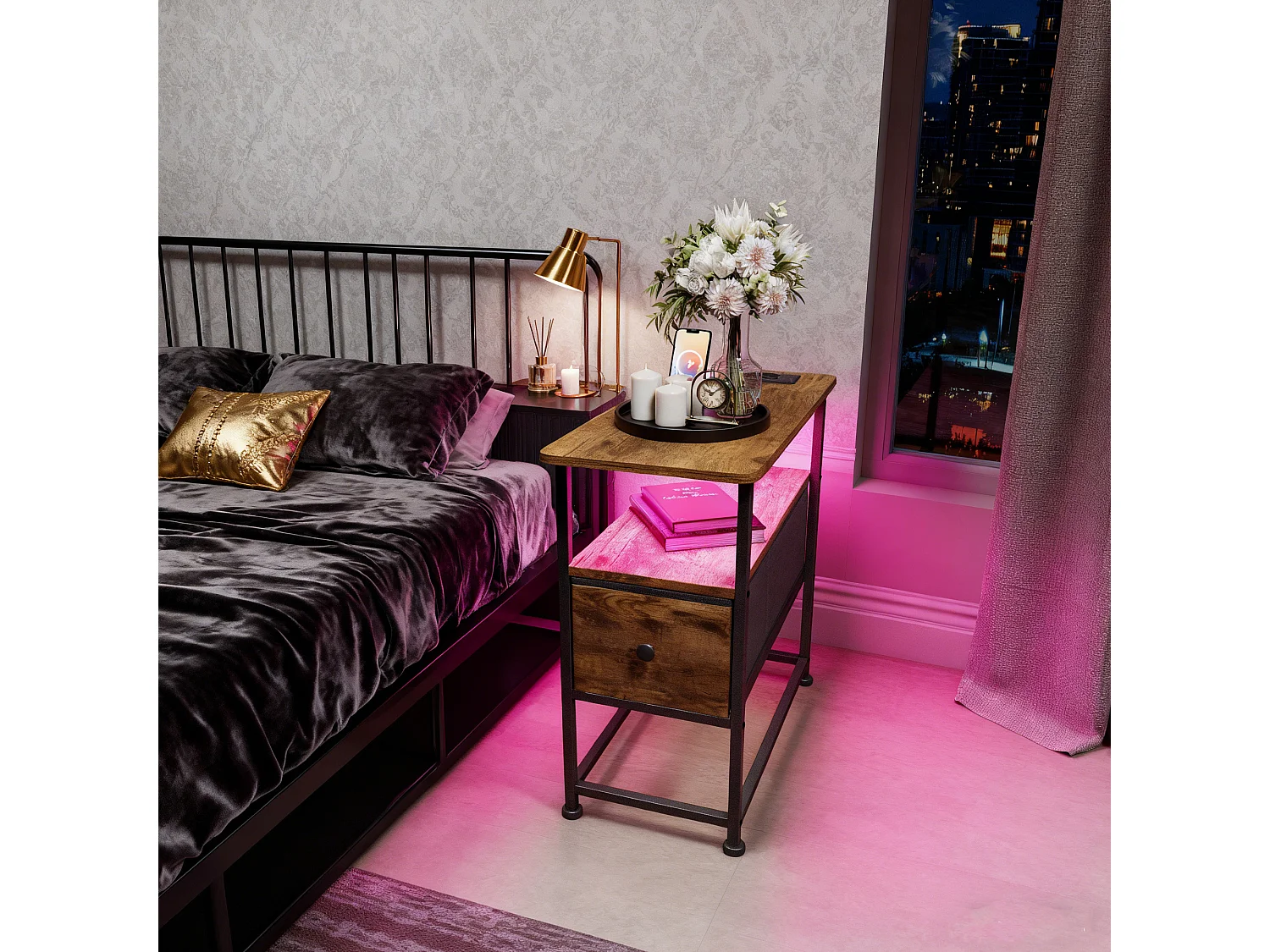 Table d'appoint carrée - table de chevet petite taille - avec Éclairage LED et USB - 1 tiroir et 2 étagères - style vintage - texture bois marron foncé