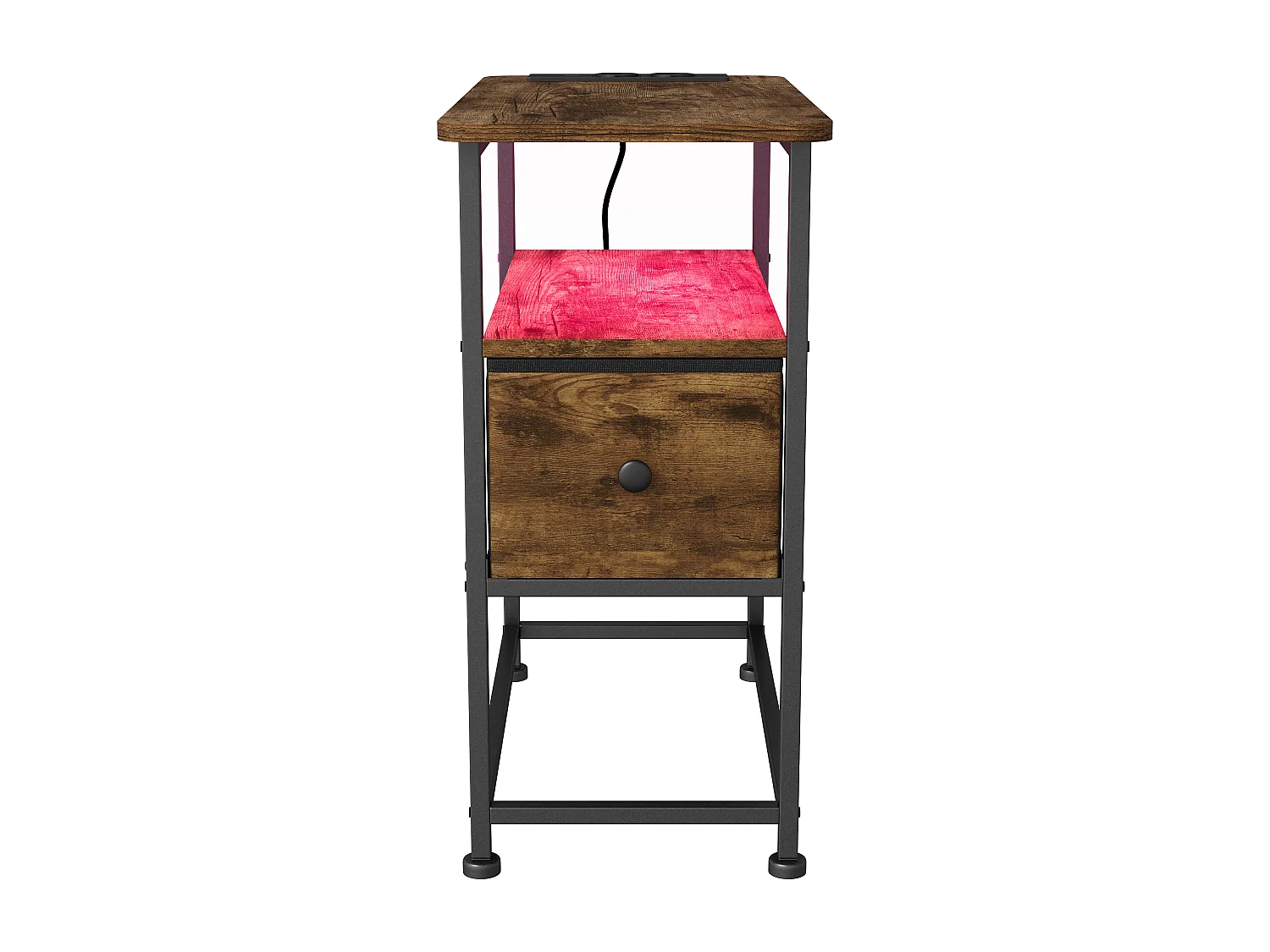 Table d'appoint carrée - table de chevet petite taille - avec Éclairage LED et USB - 1 tiroir et 2 étagères - style vintage - texture bois marron foncé