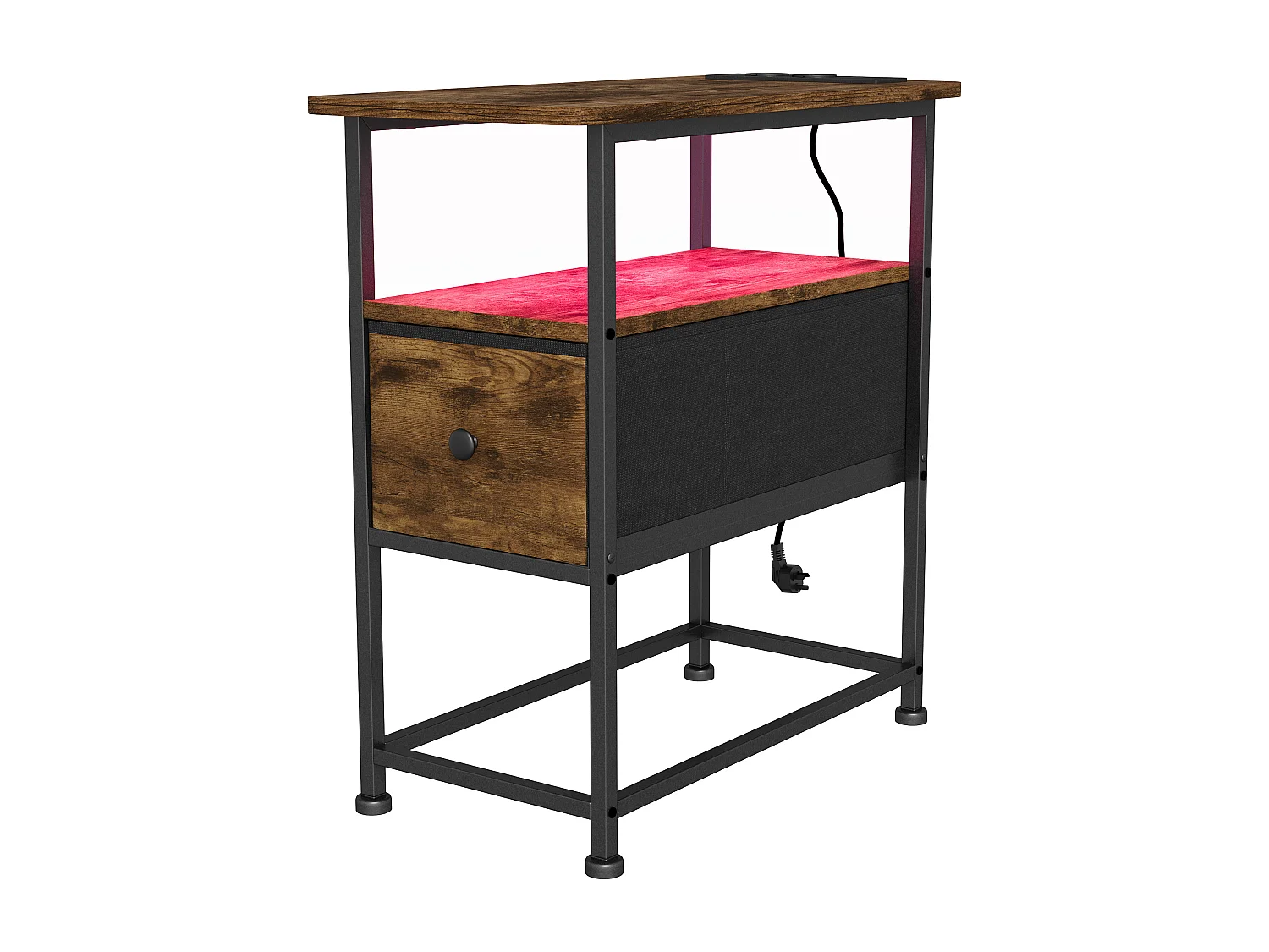 Table d'appoint carrée - table de chevet petite taille - avec Éclairage LED et USB - 1 tiroir et 2 étagères - style vintage - texture bois marron foncé