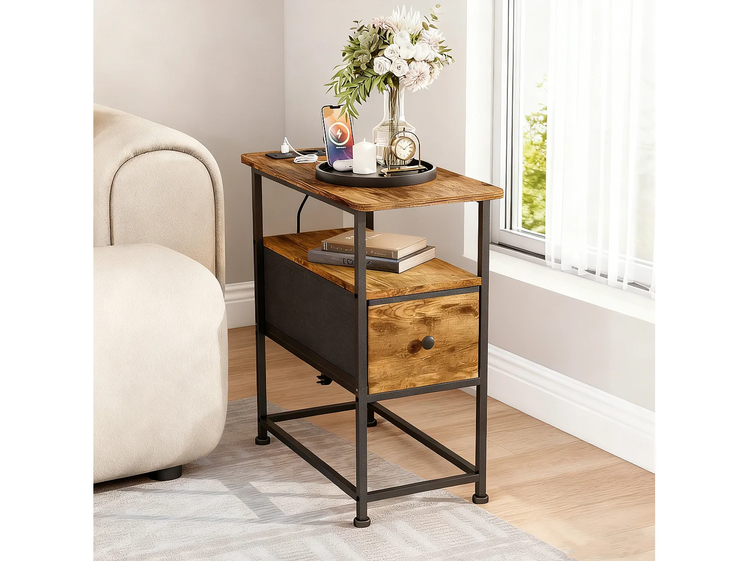 Table d'appoint carrée - table de chevet petite taille - USB - 1 tiroir et 2 étagères - style vintage - texture bois marron foncé