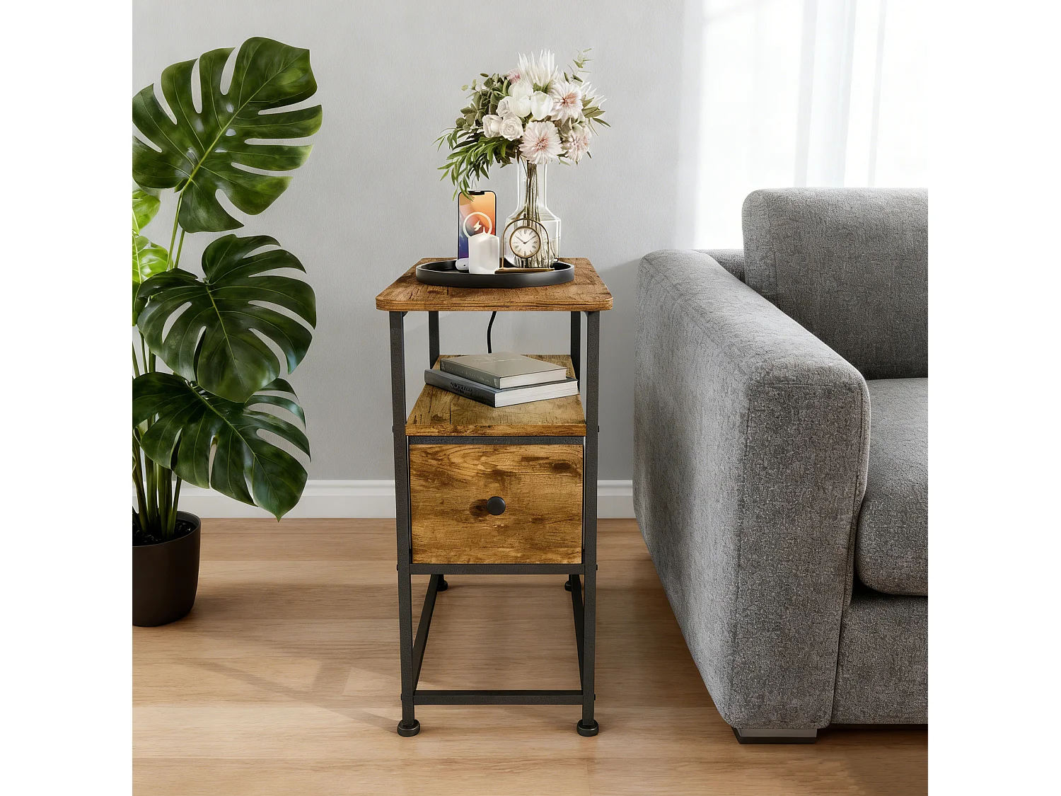 Table d'appoint carrée - table de chevet petite taille - USB - 1 tiroir et 2 étagères - style vintage - texture bois marron foncé