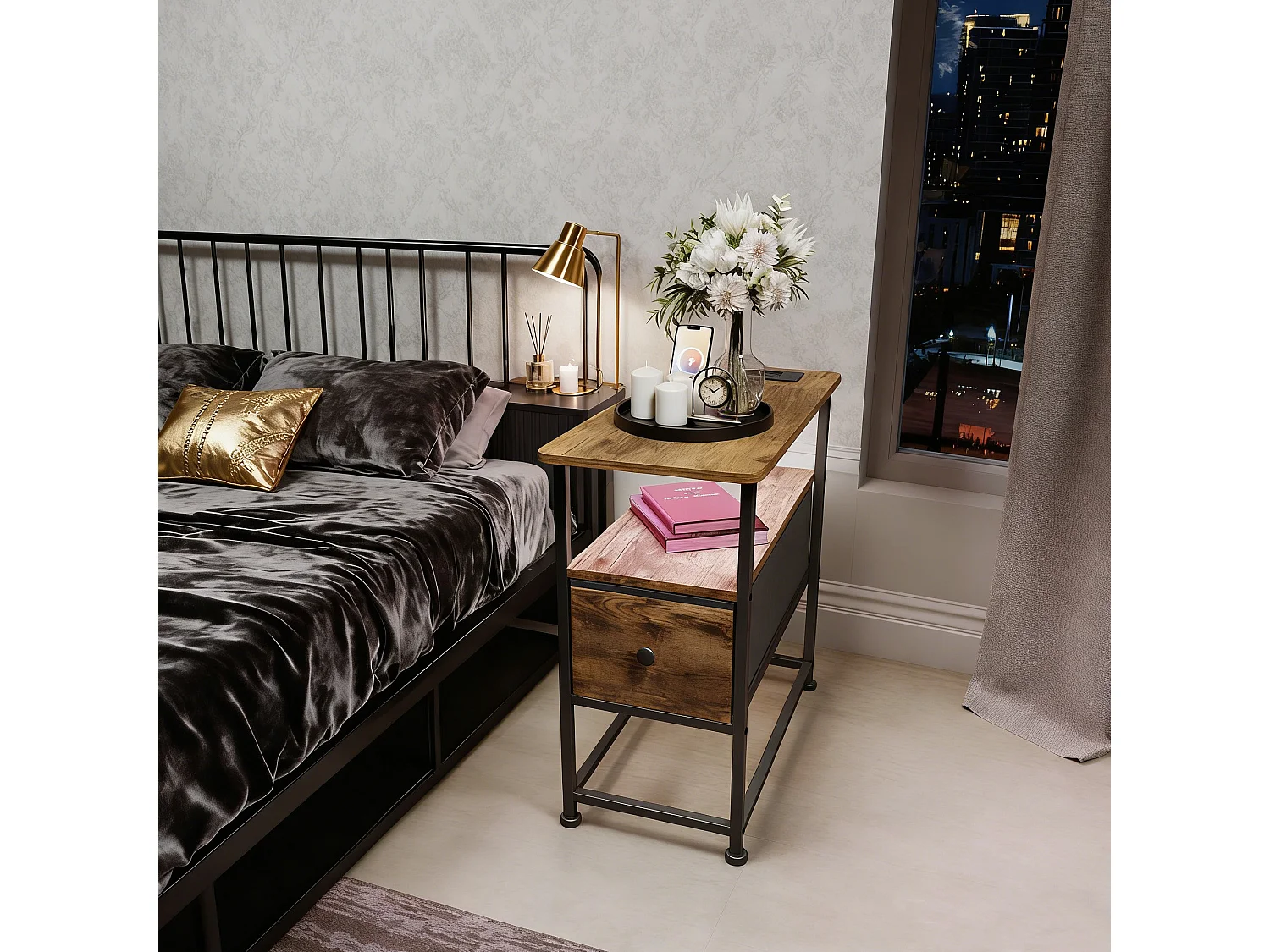 Table d'appoint carrée - table de chevet petite taille - USB - 1 tiroir et 2 étagères - style vintage - texture bois marron foncé