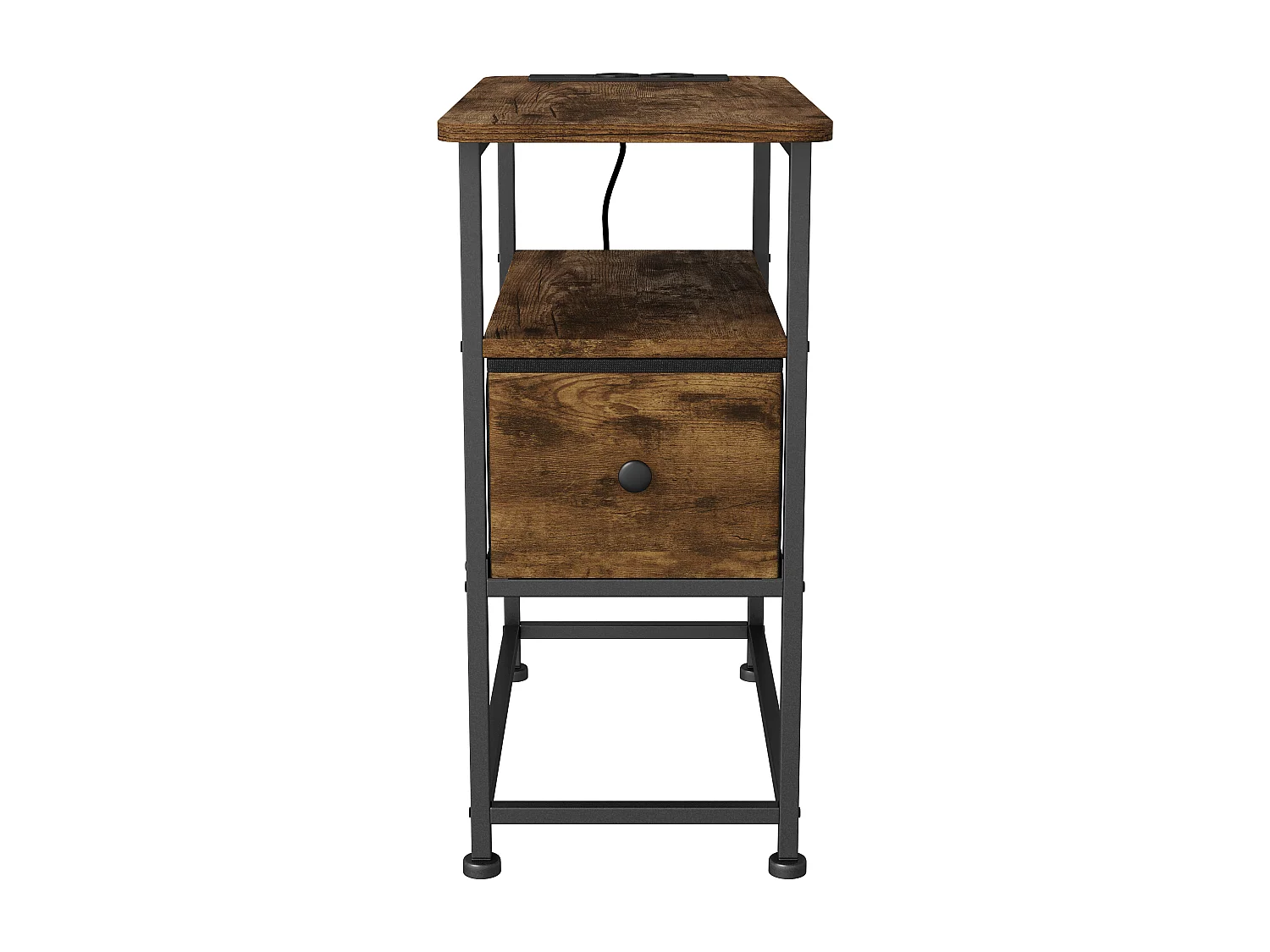 Table d'appoint carrée - table de chevet petite taille - USB - 1 tiroir et 2 étagères - style vintage - texture bois marron foncé