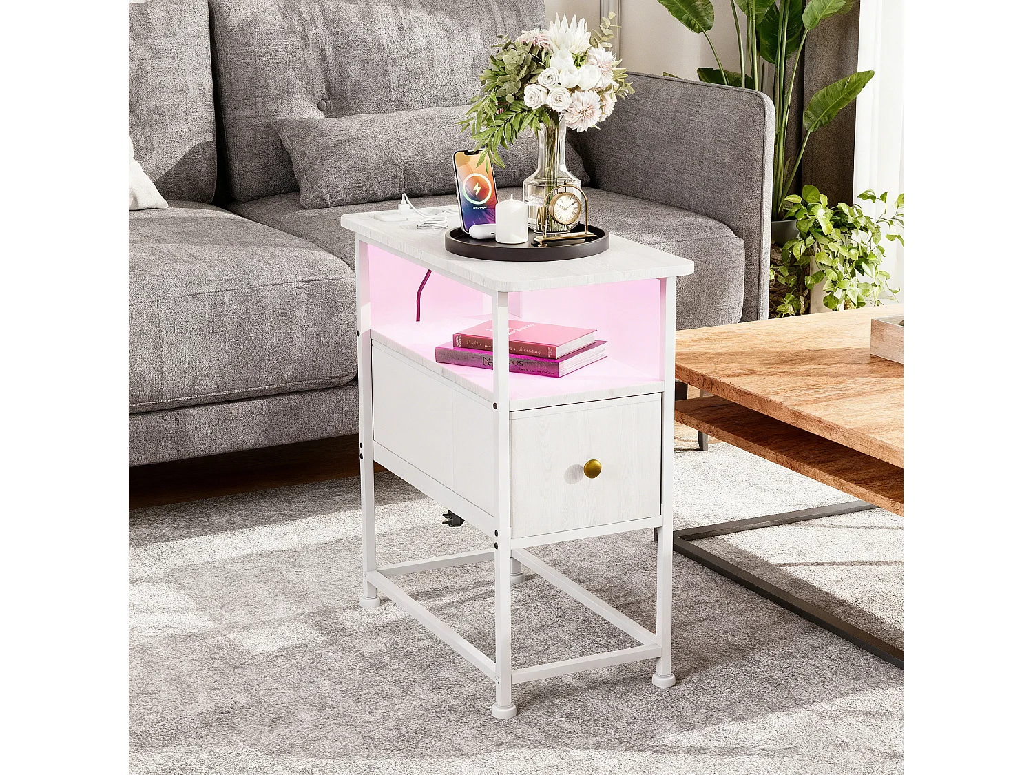 Table d'appoint carrée - table de chevet petite taille - avec Éclairage LED et USB - 1 tiroir et 2 étagères - style moderne - 62x60x30 cm - blanc