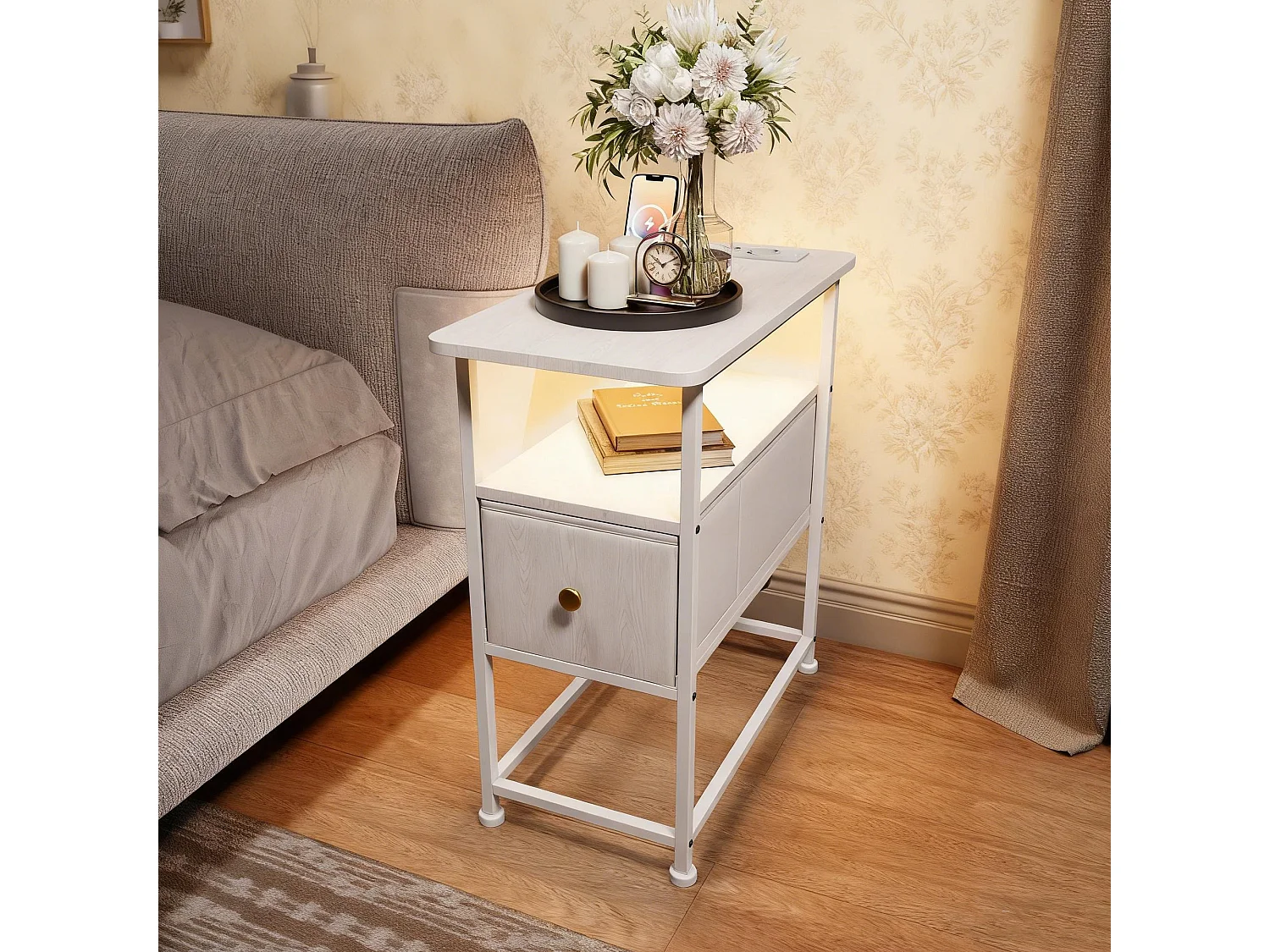 Table d'appoint carrée - table de chevet petite taille - avec Éclairage LED et USB - 1 tiroir et 2 étagères - style moderne - 62x60x30 cm - blanc