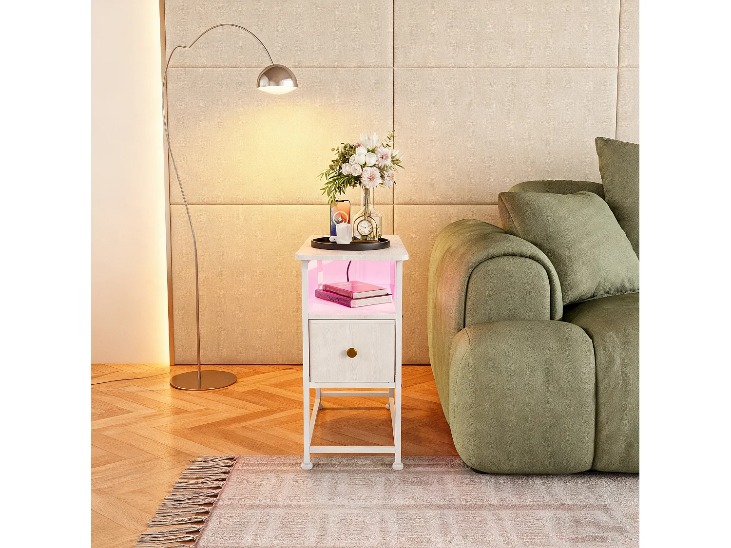 Table d'appoint carrée - table de chevet petite taille - avec Éclairage LED et USB - 1 tiroir et 2 étagères - style moderne - 62x60x30 cm - blanc