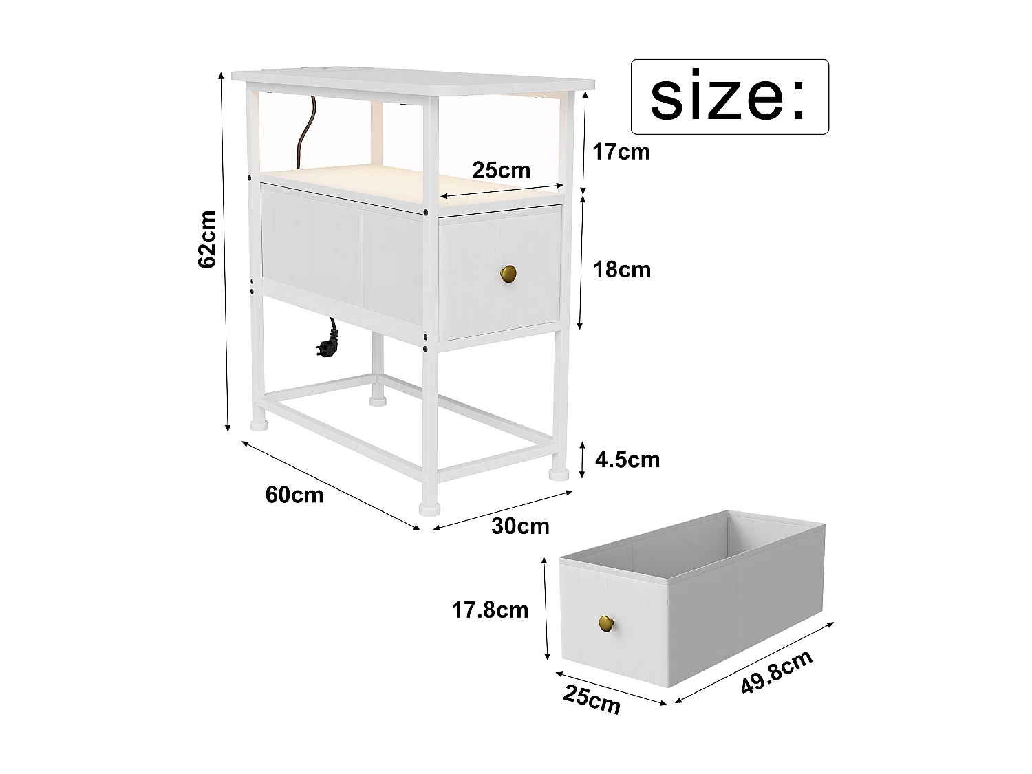 Table d'appoint carrée - table de chevet petite taille - avec Éclairage LED et USB - 1 tiroir et 2 étagères - style moderne - 62x60x30 cm - blanc