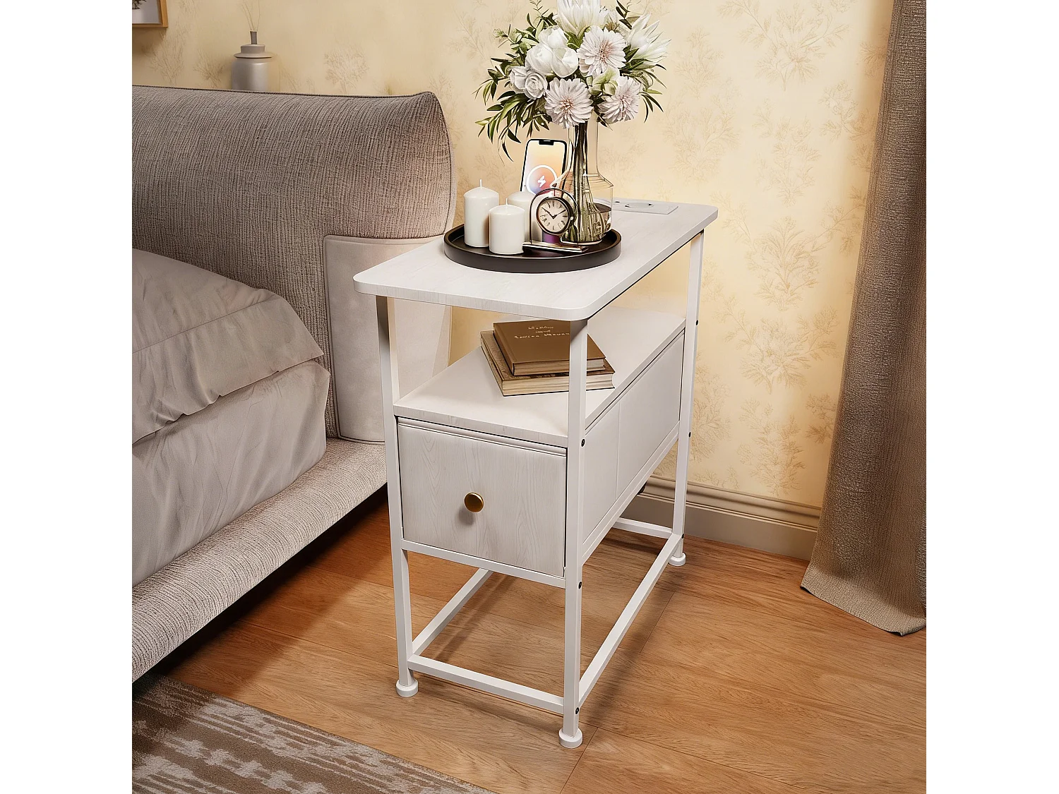 Table d'appoint carrée - table de chevet petite taille - USB - 1 tiroir et 2 étagères - style moderne - 62x60x30 cm - blanc