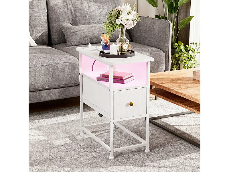 Table d'appoint carrée - table de chevet petite taille - avec Éclairage LED et USB - 1 tiroir et 2 étagères - style moderne - 62x60x30 cm - blanc