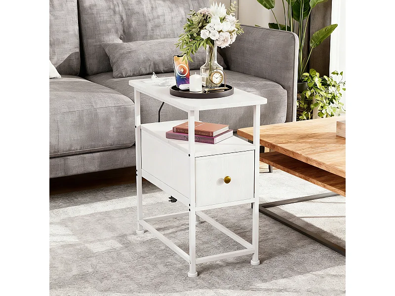 Table d'appoint carrée - table de chevet petite taille - USB - 1 tiroir et 2 étagères - style moderne - 62x60x30 cm - blanc