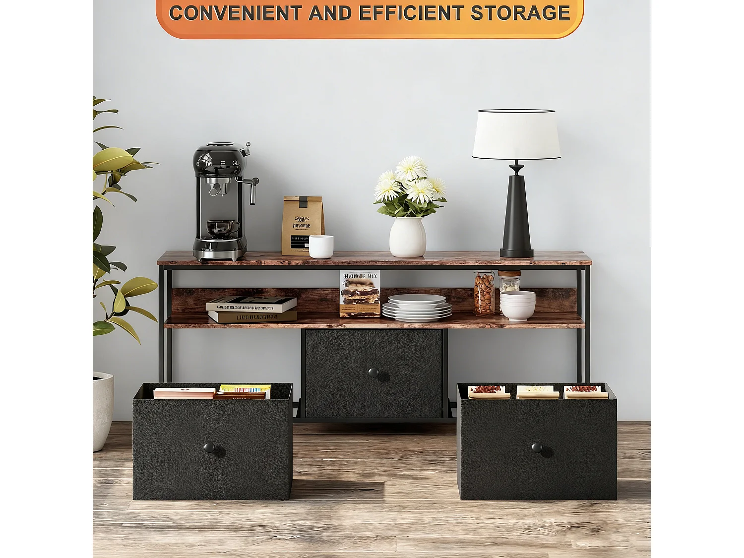 Meuble TV LED 108x30x57 cm, plateau effet bois tigré, 3 tiroirs en tissu noir, étagère ouverte avec éclairage LED