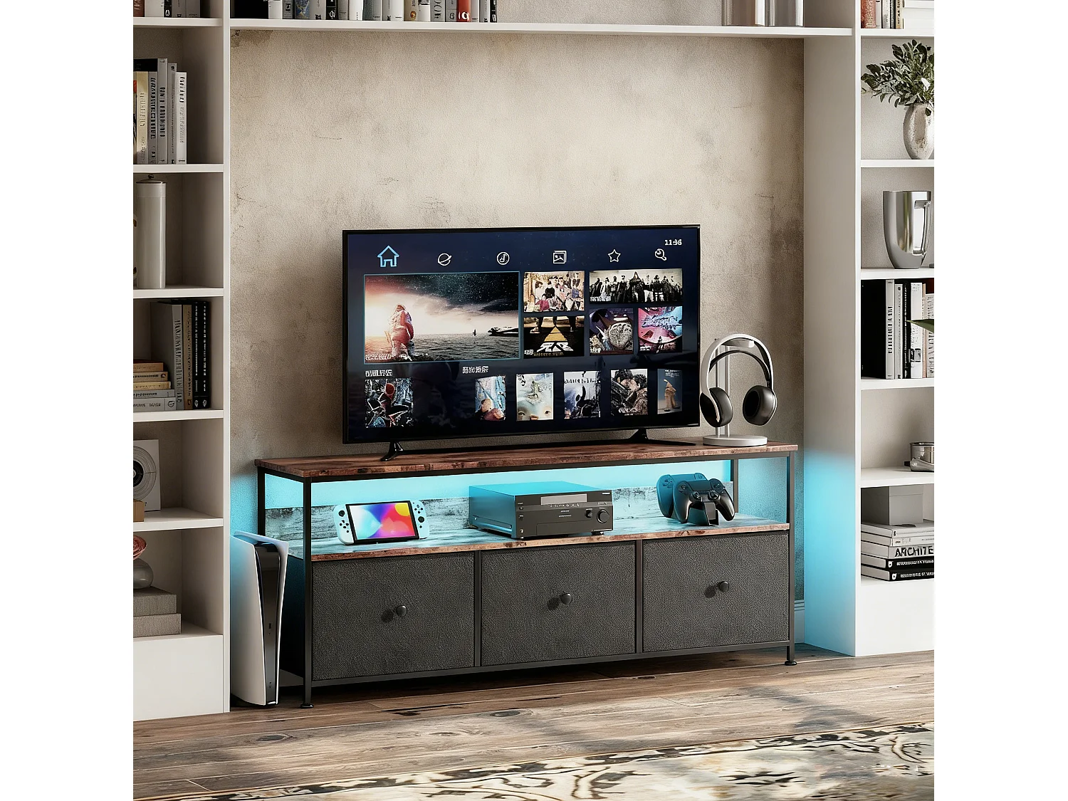 Meuble TV LED 108x30x57 cm, plateau effet bois tigré, 3 tiroirs en tissu noir, étagère ouverte avec éclairage LED