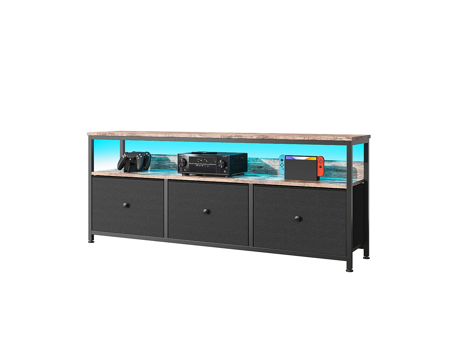 Meuble TV LED 108x30x57 cm, plateau effet bois tigré, 3 tiroirs en tissu noir, étagère ouverte avec éclairage LED
