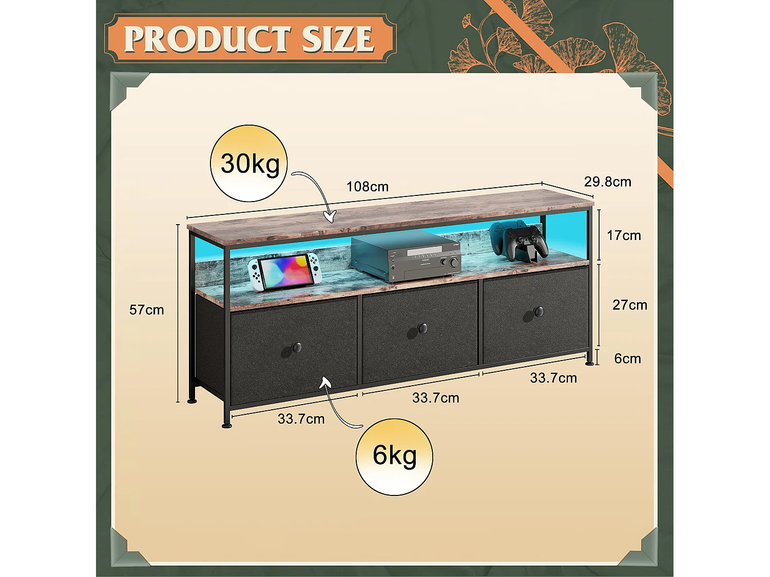 Meuble TV LED 108x30x57 cm, plateau effet bois tigré, 3 tiroirs en tissu noir, étagère ouverte avec éclairage LED