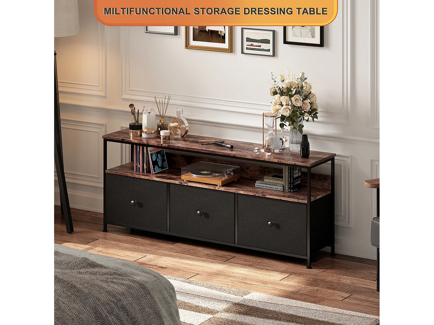 Meuble TV LED 108x30x57 cm, plateau effet bois tigré, 3 tiroirs en tissu noir, étagère ouverte avec éclairage LED