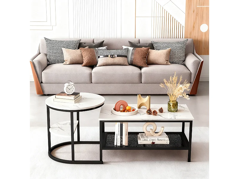 Lot de 2 tables basses gigognes - table d'appoint ronde et carrée - aspect marbre brillant - MDF et - métal - pour salon et chambre - Blanc + Noir